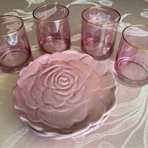 Pink Floral Glass Set with Coasters